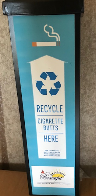 Sidewalk Butler receptacle labelled Recycle Cigarette Butts Here